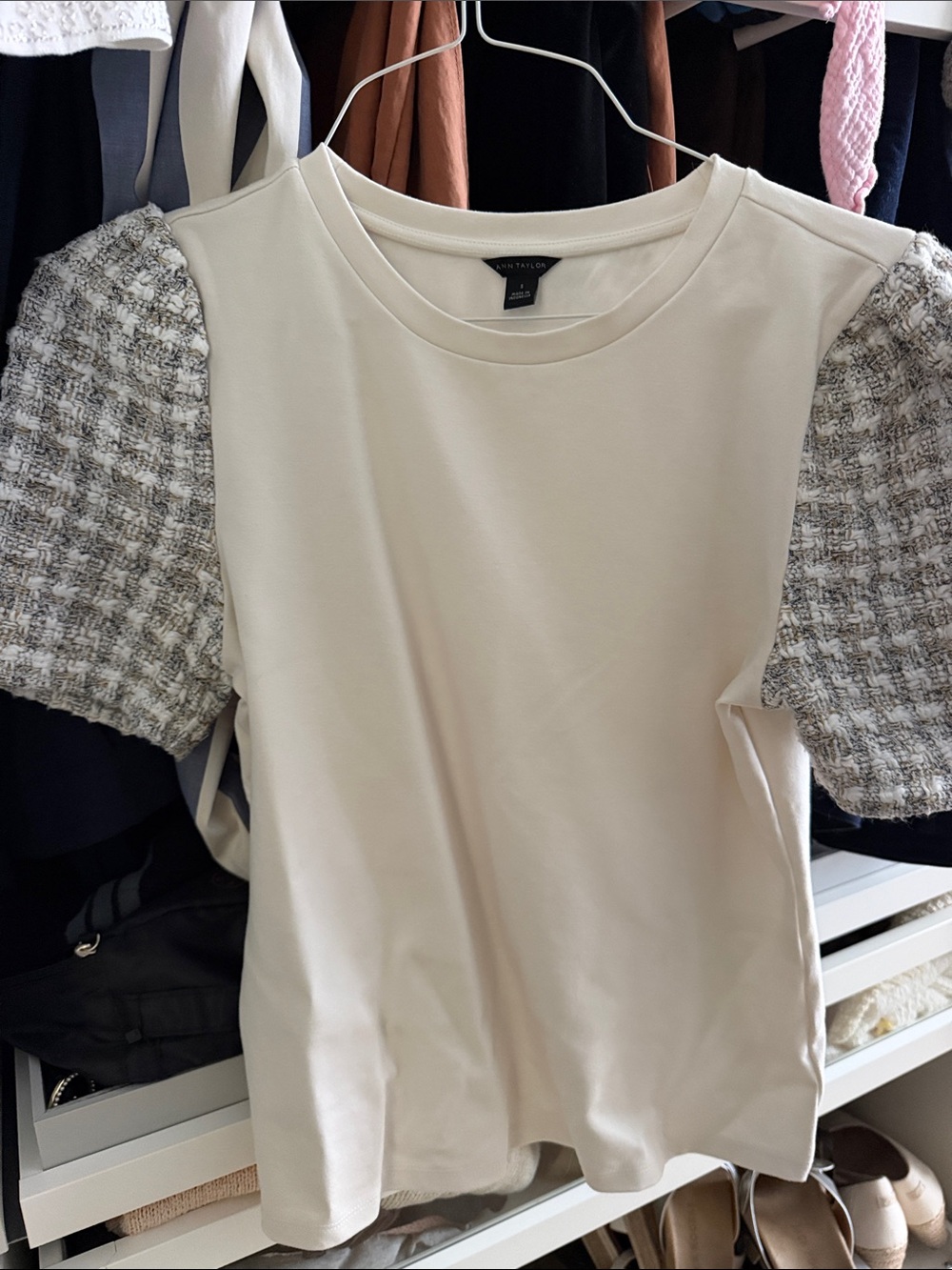 Ann Taylor Cream Knit Tee with Tweed Puff Sleeves